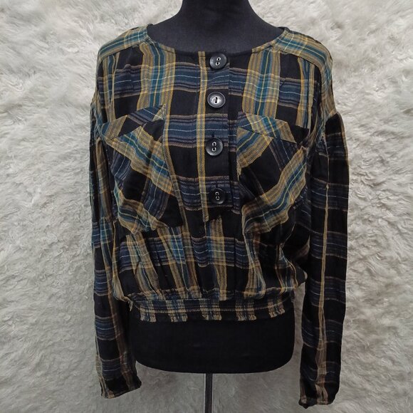 Free People Women's Its the Good Life Plaid Crop Top Long Sleeve Buttons - Picture 1 of 8